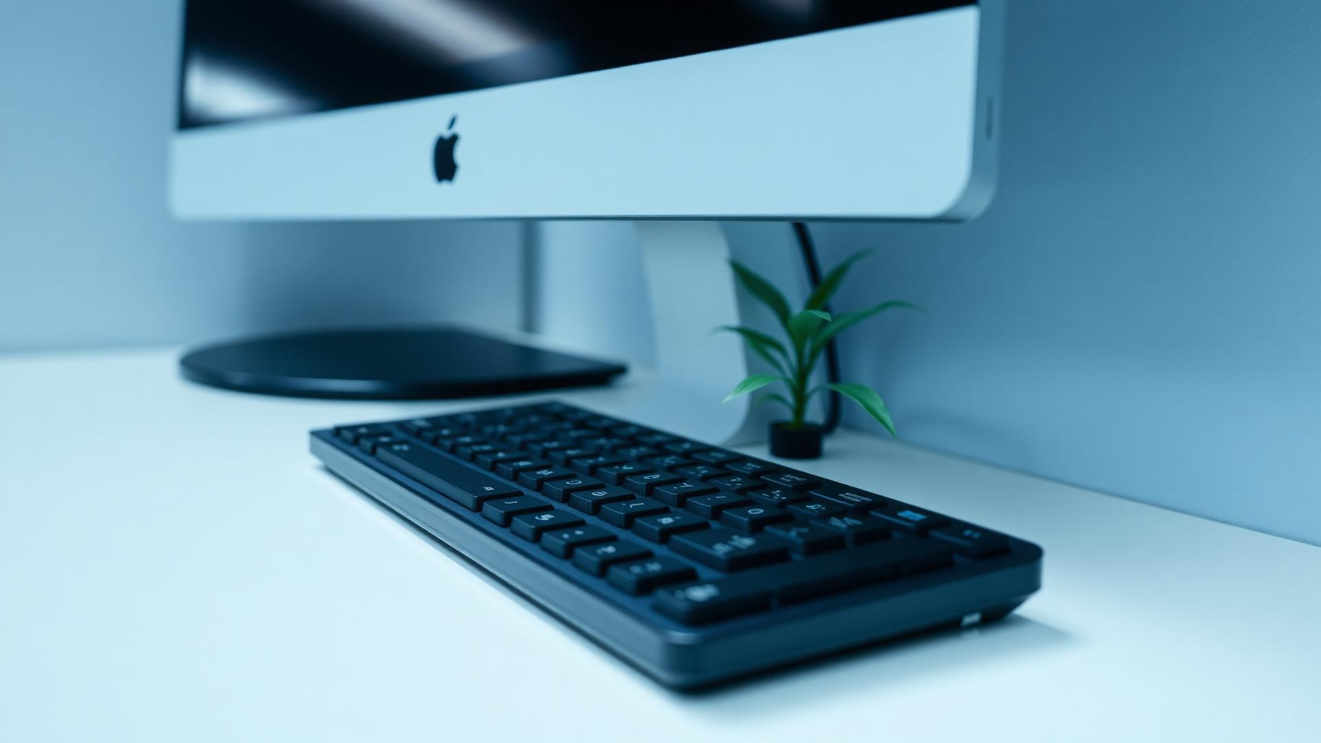 Close-up of a spotless office cubicle desk with a clean keyboard
